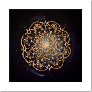 Flower of life mandala gold on black Posters and Art